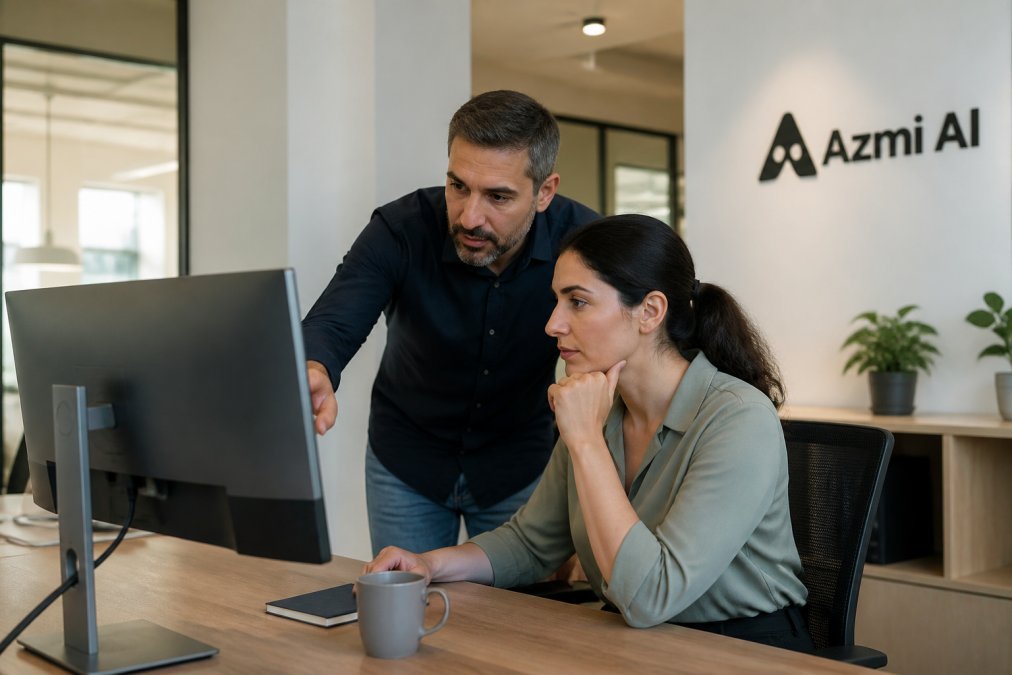 Sales manager and marketing specialist analyzing an AI lead qualification dashboard on a modern office monitor.