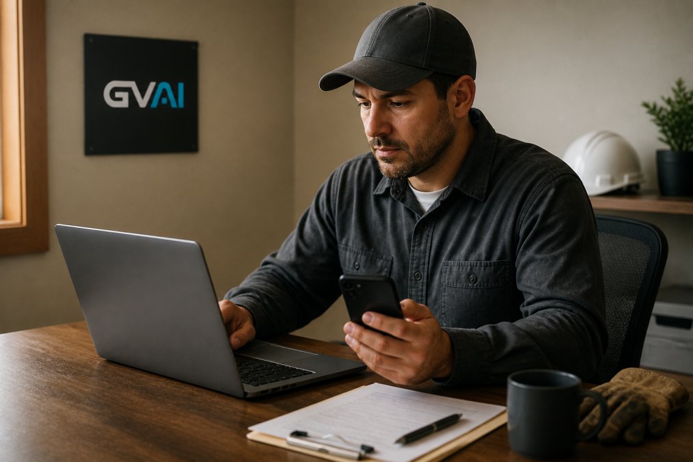 Professional contractor working at desk with laptop and smartphone, reviewing customer lead information and appointment scheduling on screen with CRM dashboard visible