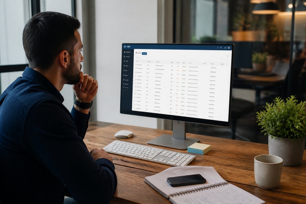 Business professional at desk with CRM dashboard open on screen, analyzing lead information and AI-generated scoring predictions with multiple data fields visible