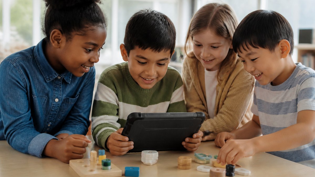 Diverse group of elementary school students collaborating around a tablet computer, engaged in a game-based learning activity, with visible enthusiasm and focus on the screen