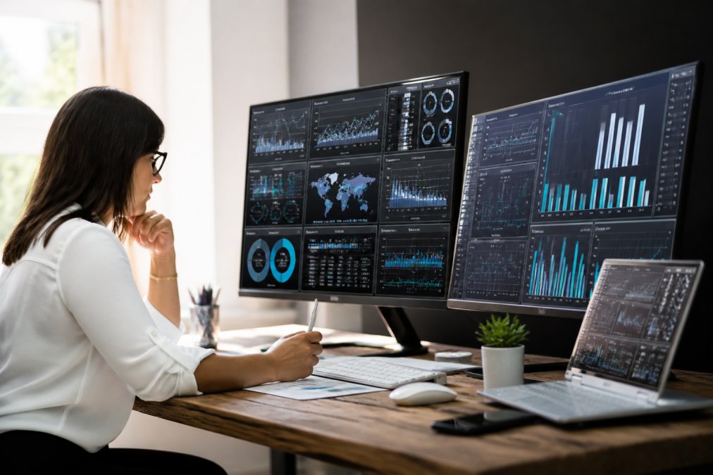 Marketing professional reviewing real-time campaign performance metrics on multiple computer monitors displaying engagement rates, conversion funnels, and automated workflow status dashboards in a bright modern office