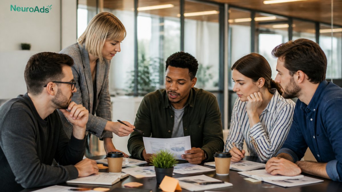 Marketing team reviewing campaign performance data on multiple monitors in a modern office environment