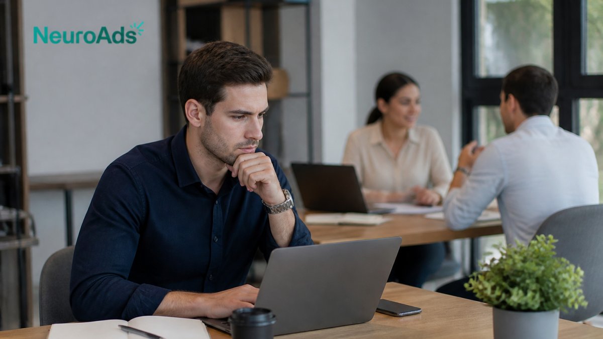 Marketing professional reviewing performance metrics on multiple screens in modern office, with analytics dashboards and conversion data visible, team members collaborating in background