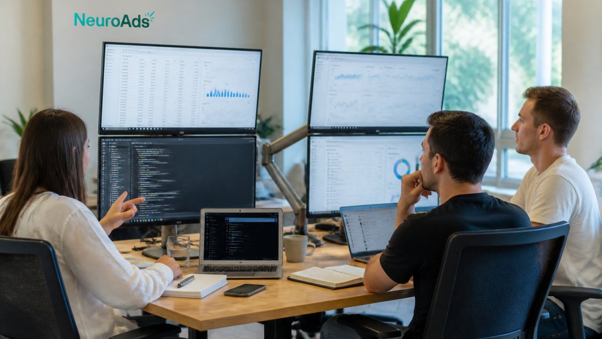 Marketing team reviewing campaign performance metrics on multiple desktop screens in bright modern office with natural lighting