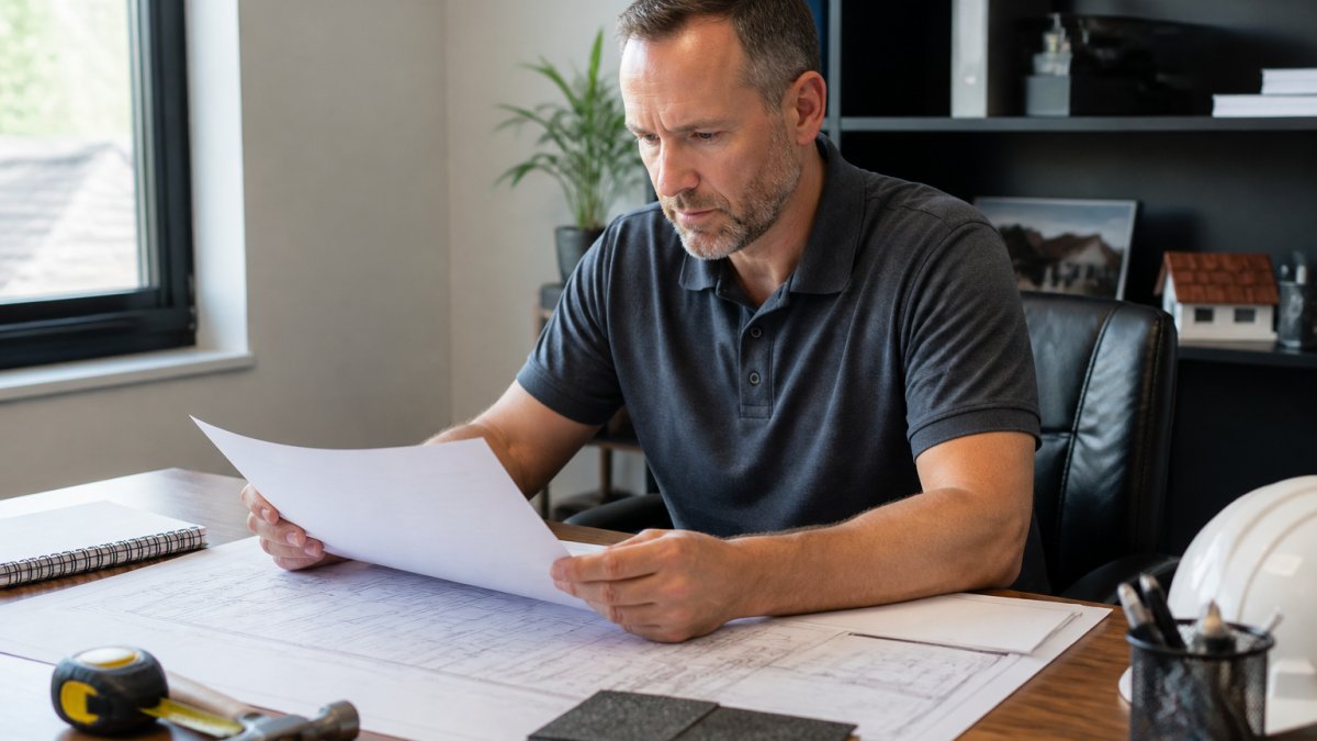 Professional roofing business owner reviewing customer data and lead information on a laptop screen in an office setting with blueprints, tools, and scheduling materials nearby