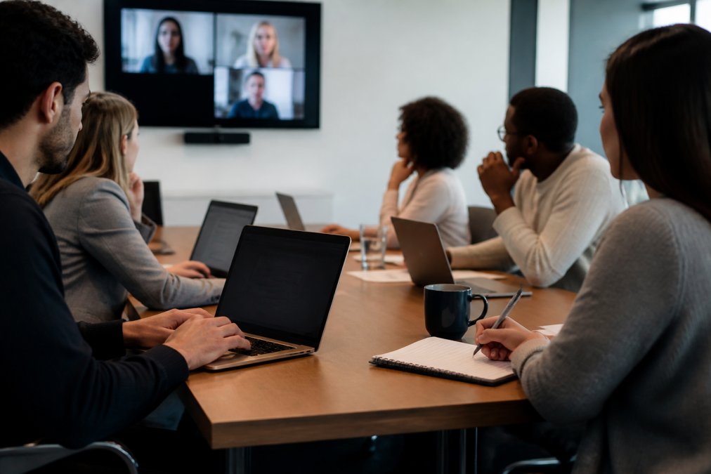 A diverse team of professionals in a modern conference room, one person typing on a laptop while another takes handwritten notes, with a video call on the screen in the background