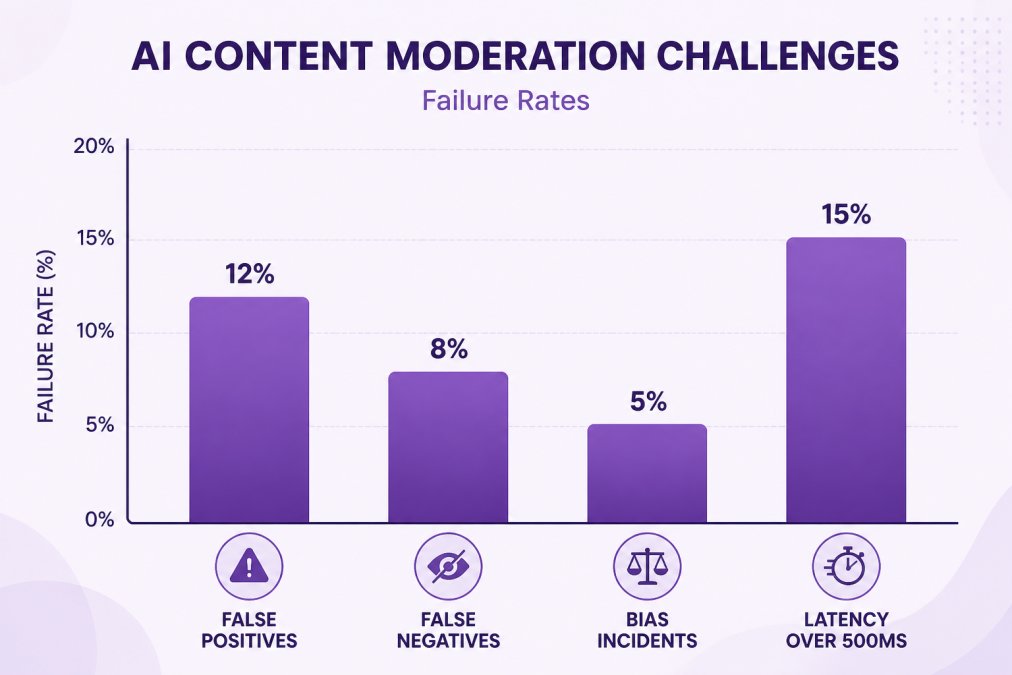 Bar chart showing common AI moderation failure rates: false positives 12%, false negatives 8%, bias incidents 5%, latency over 500ms 15%