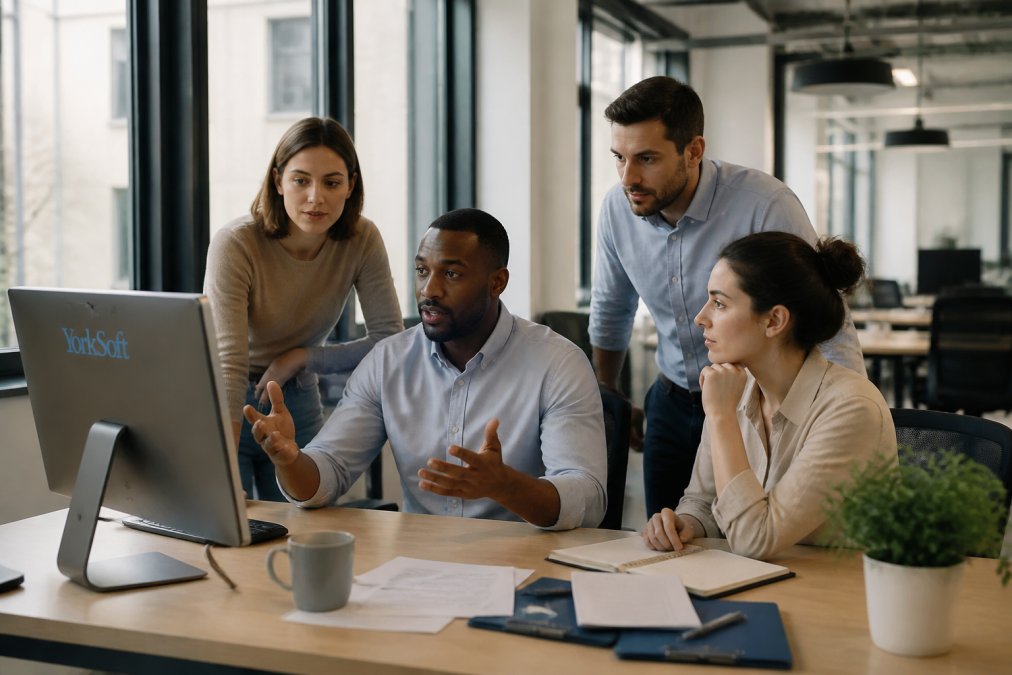 Business team reviewing performance metrics on a desktop computer in a modern office, with colleagues discussing real-time analytics dashboards and data insights