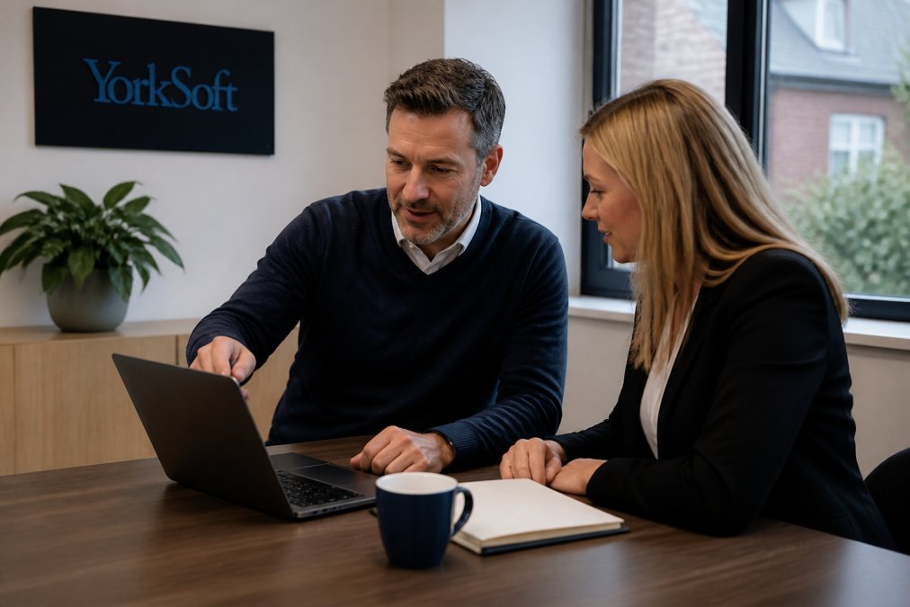 Professional consultant working with a business owner at a meeting table, reviewing implementation plans and monitoring dashboards on a laptop in a modern office setting