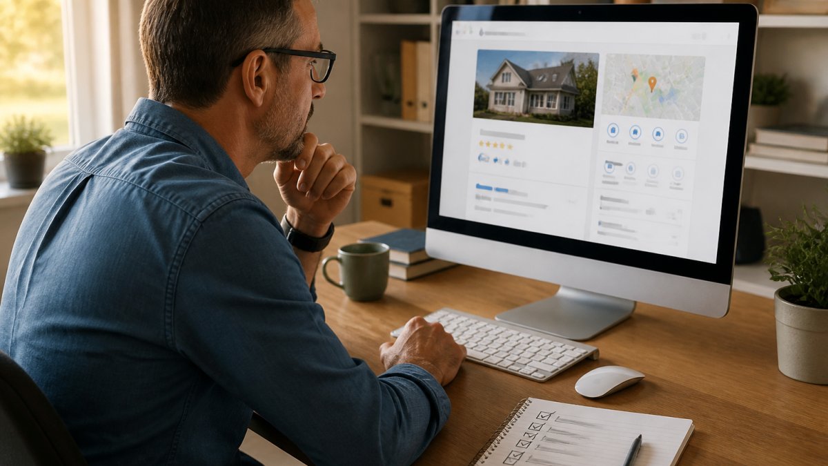 Service business owner sitting at desk reviewing Google Business Profile on desktop computer, with optimization checklist and notepad visible nearby, natural office lighting