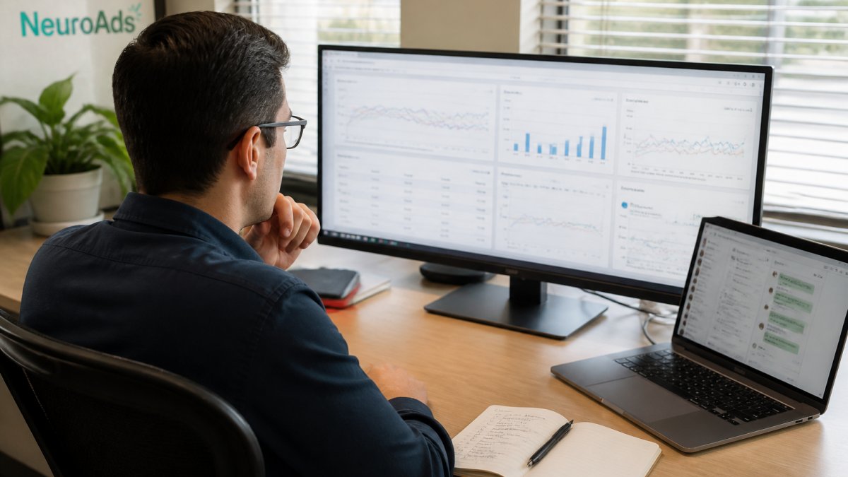 A manager analyzing AI paid media campaign performance on a bright office monitor