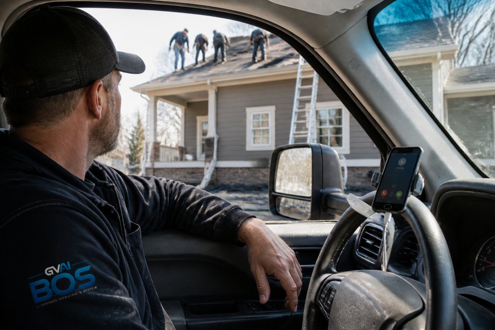 Contractor in work truck on residential job site, focused on roofing work while smartphone on dashboard displays incoming call notification being answered by AI system in real-time