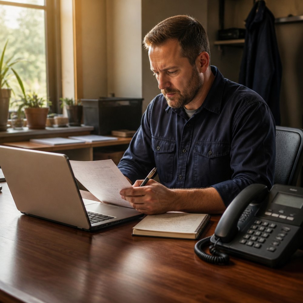 A plumbing company owner at a desk reviewing a monthly phone bill on a laptop next to a notepad with call notes and a desk phone
