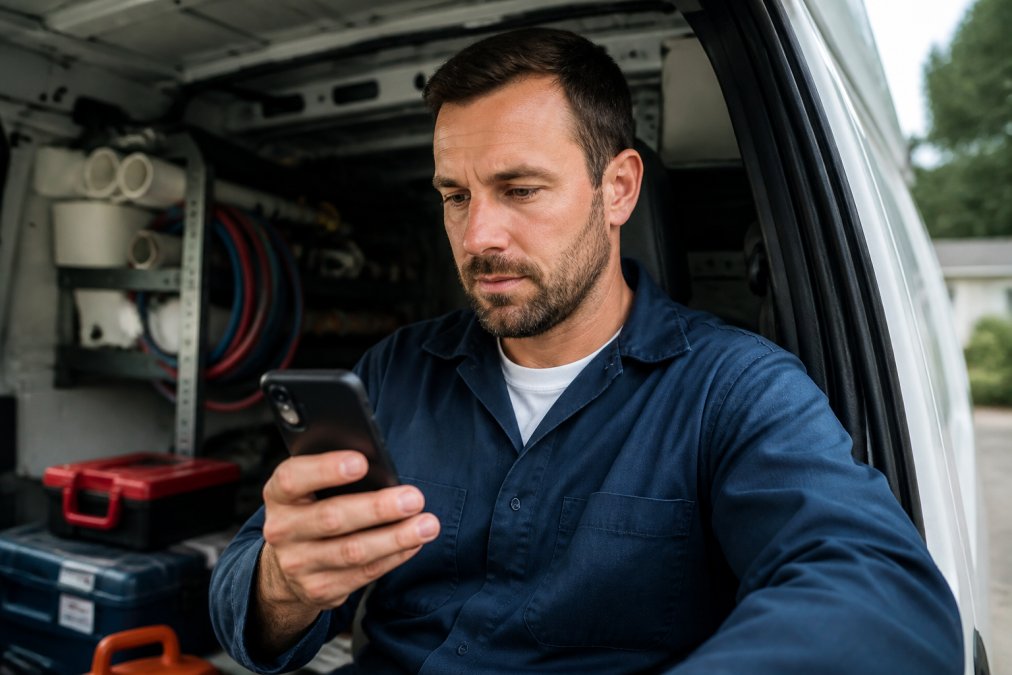 A solo plumber in work uniform sitting in a service van, looking at a smartphone screen showing an incoming call notification, with plumbing tools visible in the background