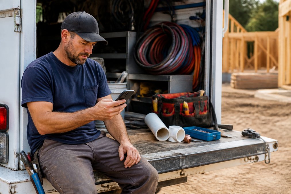 Contractor using an AI phone system and CRM app on a smartphone at a job site with tools in the background