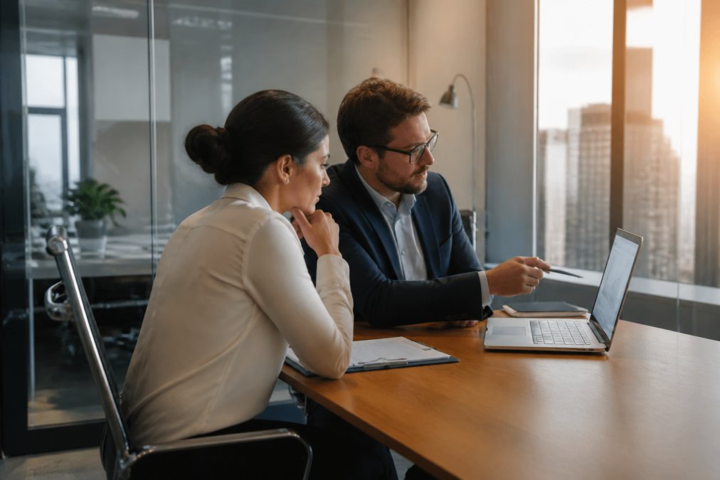 Two consultants in a glass-walled conference room reviewing a laptop screen showing a pipeline dashboard, late afternoon light across a wooden table