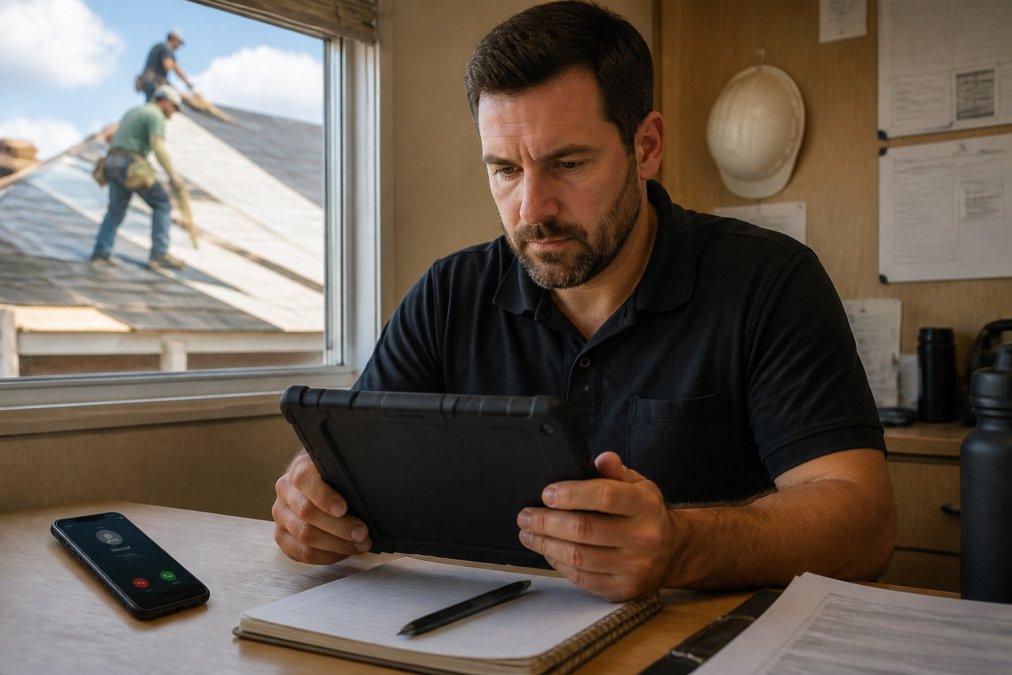 A roofing company owner in a work polo reviewing call activity on a tablet at a job site trailer, with a smartphone showing an active call screen on the desk beside him