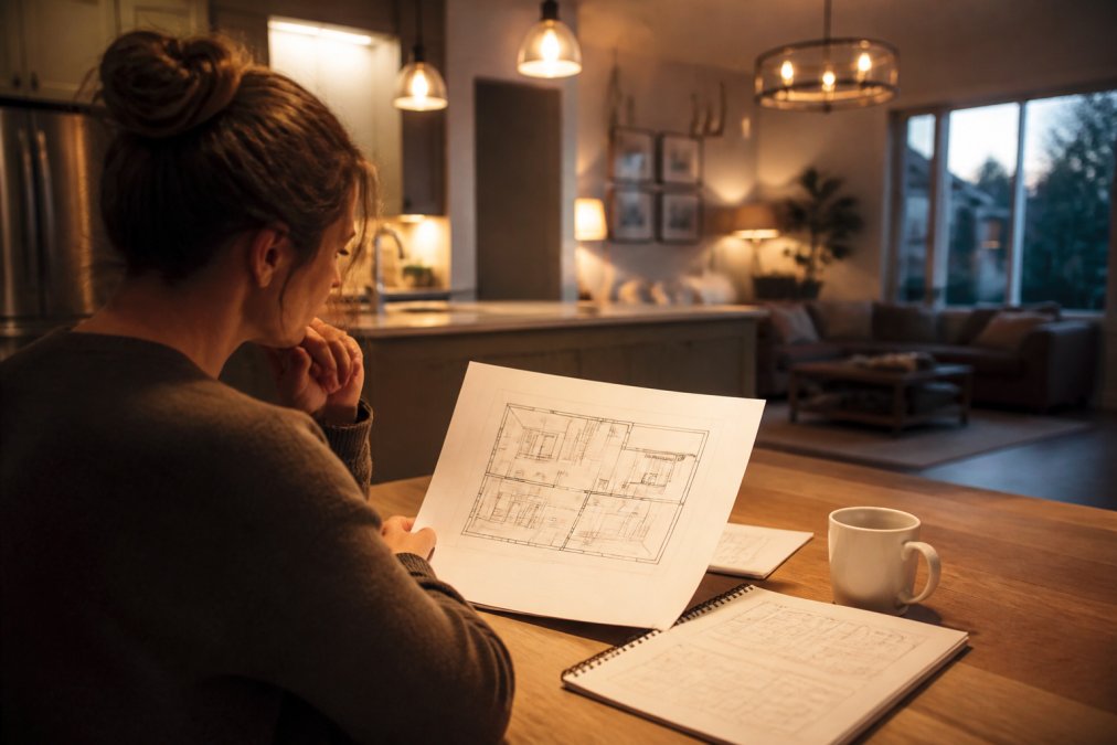 Homeowner using AI powered lighting design for home interiors to simulate 3D room layouts on a laptop