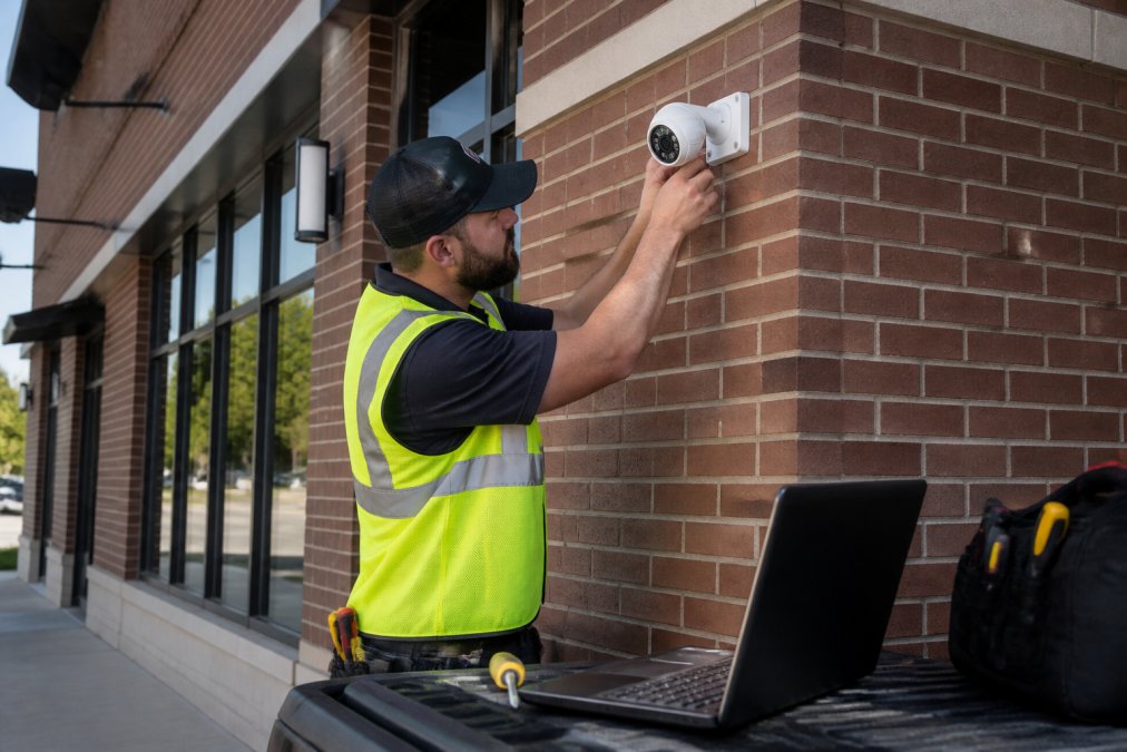 A technician in a high-visibility vest installing an AI-enabled security camera on the exterior corner of a commercial brick building, with a laptop open on a nearby work surface showing configuration software, midday natural lighting