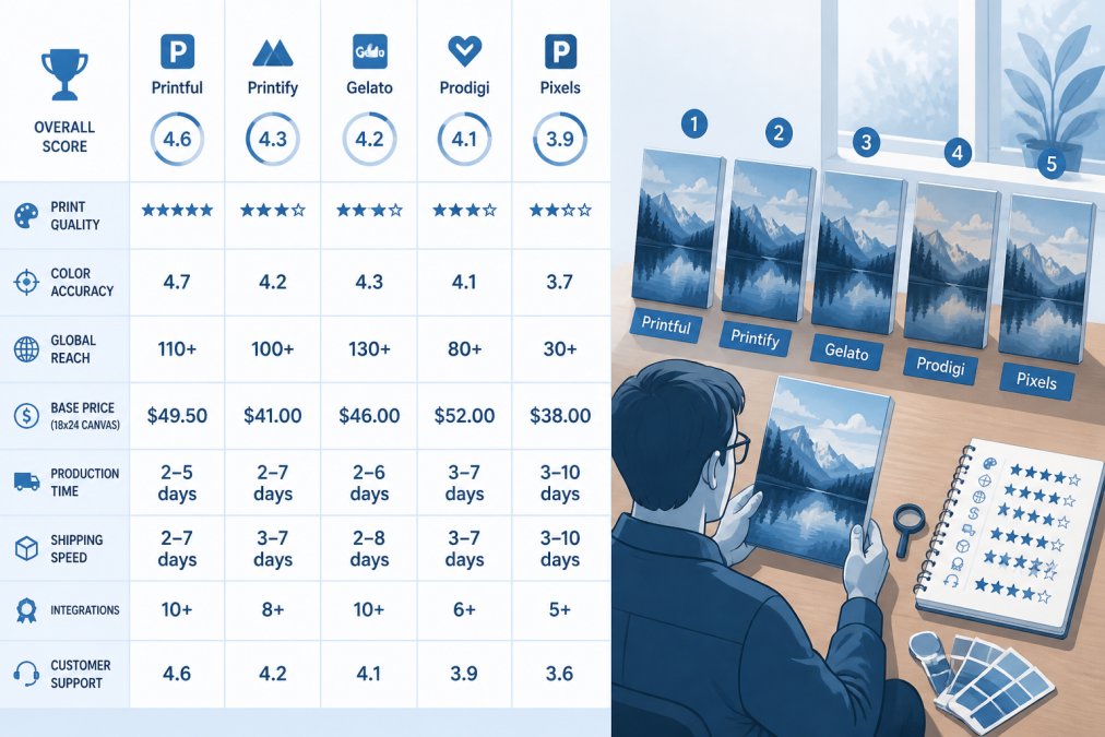 Content creator examining printed canvas samples from multiple platforms side by side on a wooden desk, comparing color accuracy and print quality under natural window lighting