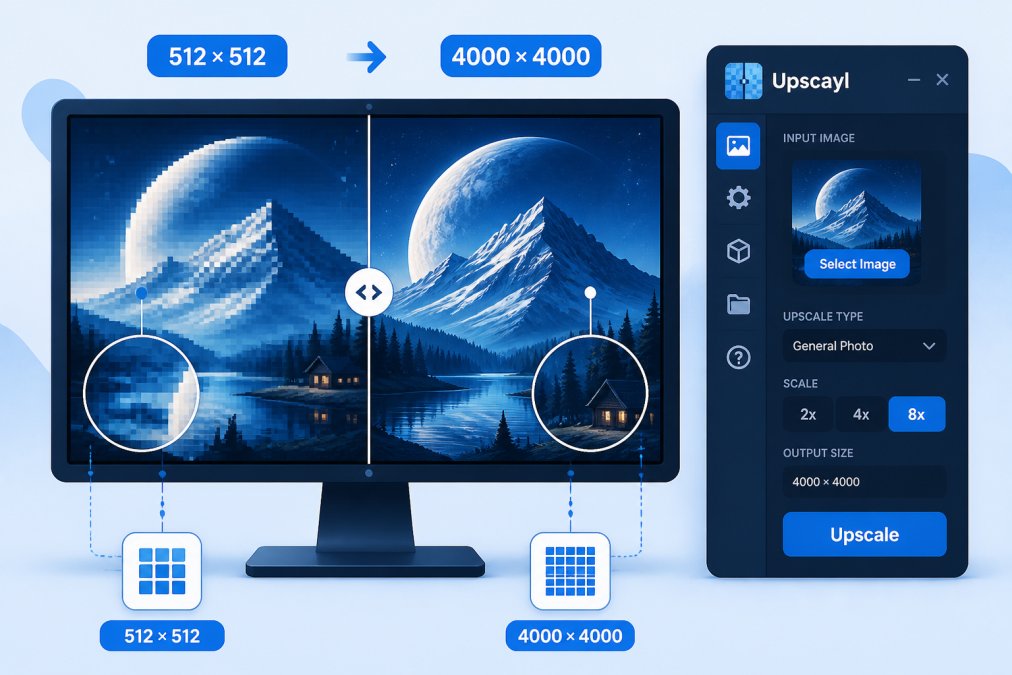 Designer's monitor displaying an AI-generated image at 512x512 resolution on the left side and the same image upscaled to 4000x4000 on the right, showing visible clarity improvements, with Upscayl software interface open