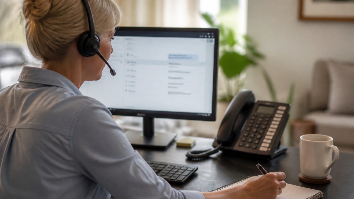 A small business owner at a desk with a headset, looking at a computer screen showing a call dashboard, in a bright office with a phone and notebook nearby
