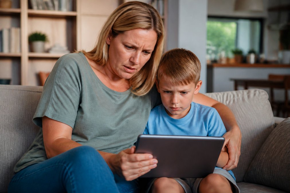 A parent and young child sitting together on a couch, looking at a tablet with concerned expressions, warm living room lighting