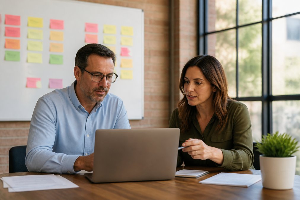 Business owner and consultant reviewing a sales automation pipeline on a laptop in a modern office