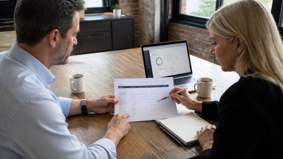 Two business owners at a wooden conference table reviewing a printed pricing sheet and a laptop showing a sales dashboard, coffee cups and a notepad nearby, natural window light