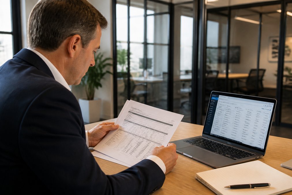 A business professional in a modern glass-walled office reviewing printed pricing documents beside an open laptop showing a CRM dashboard, warm afternoon light