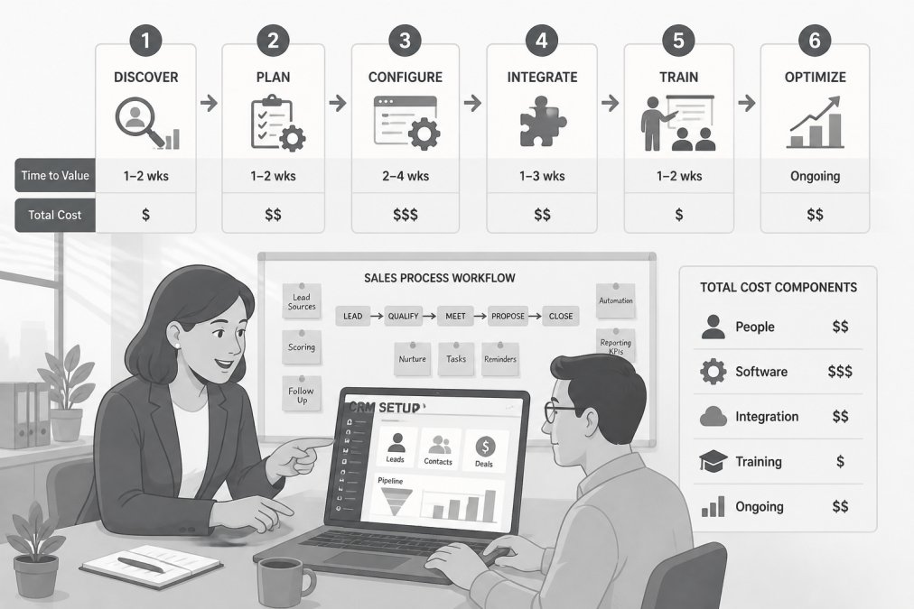 A small business owner and a consultant reviewing CRM setup on a laptop in a bright office, with sticky notes and a whiteboard workflow diagram visible behind them