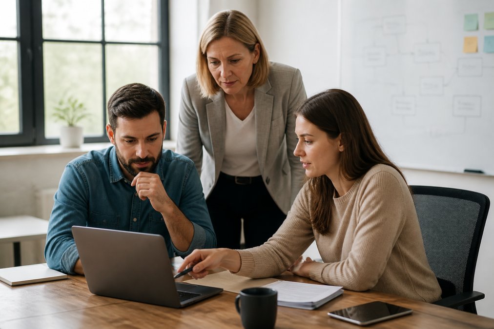 A small business owner and two sales team members reviewing pipeline data on a laptop and whiteboard in a modern, bright office with natural window light