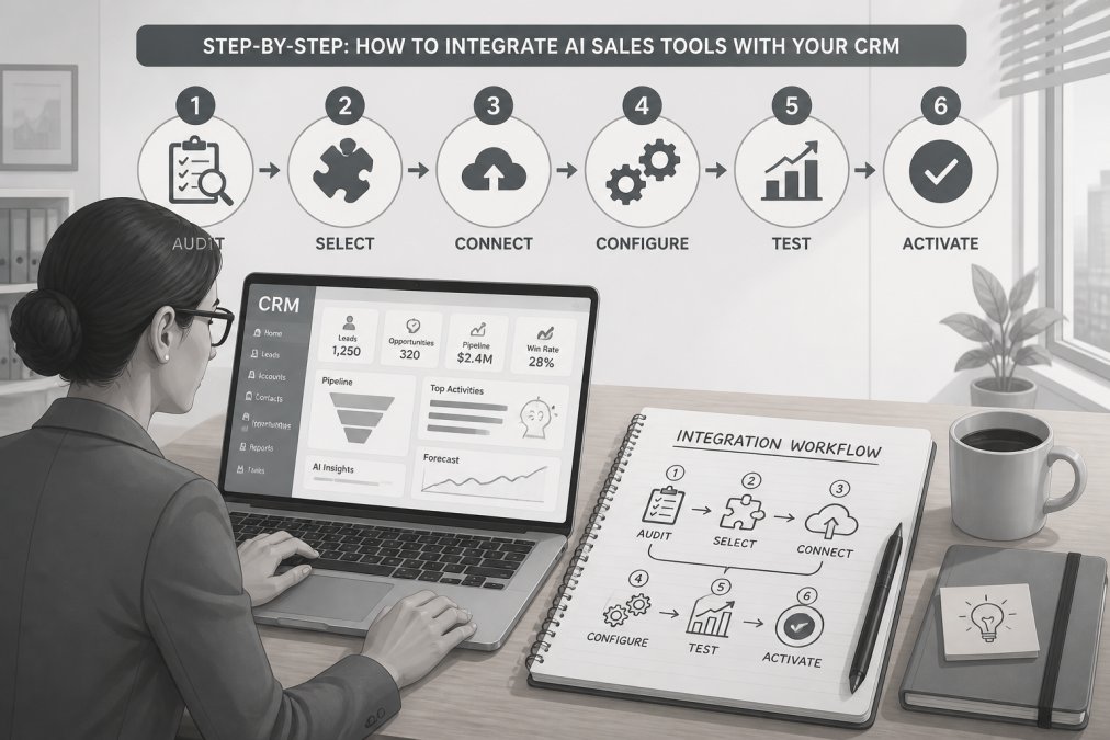 A business professional at a wooden desk with an open laptop showing a CRM dashboard, a spiral notebook with hand-drawn workflow arrows, a pen, and a coffee cup, in a bright office with morning light through the window