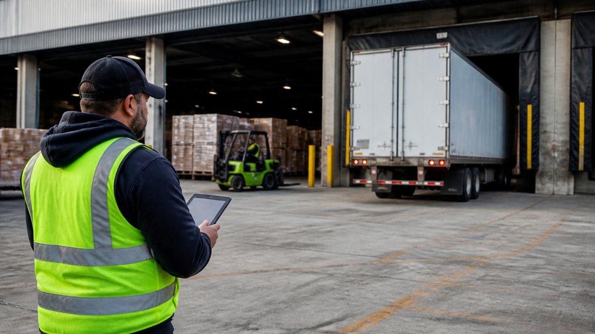 Warehouse supervisor using AI scheduling software for 3PL warehouses to coordinate a semi-truck at a loading dock