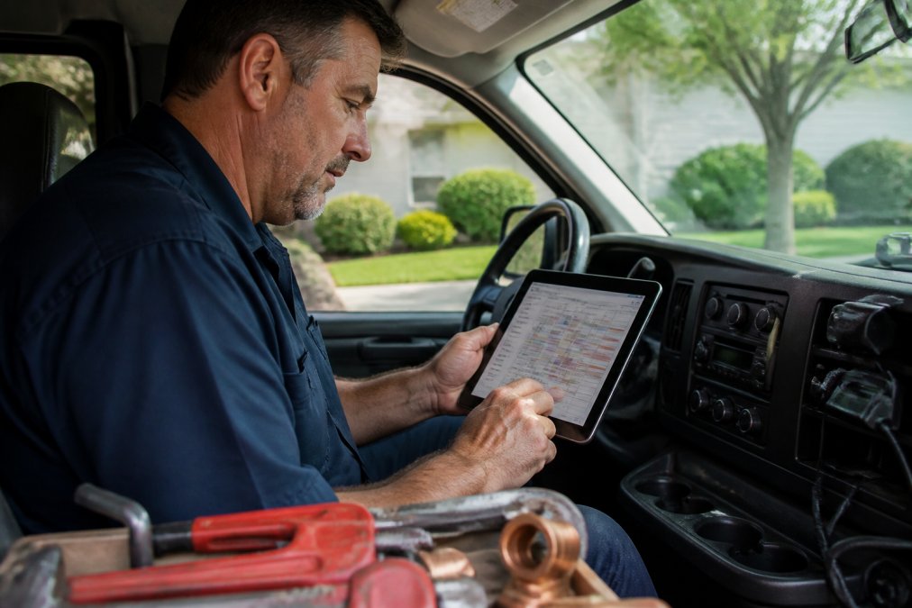 Plumbing contractor using AI scheduling software on a tablet inside a work van filled with pipe fittings