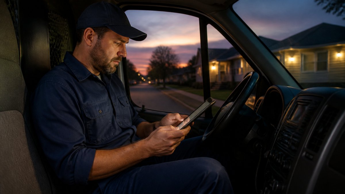 A plumbing contractor in a work uniform sitting in a parked service van at dusk, reviewing a tablet showing a list of incoming service calls on the screen