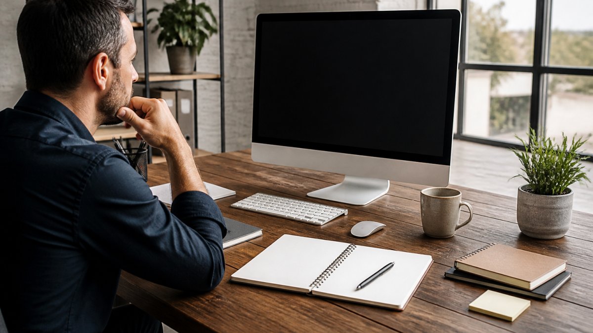 Marketing strategist reviewing AI search engine optimization analytics at a desk with strategy documents