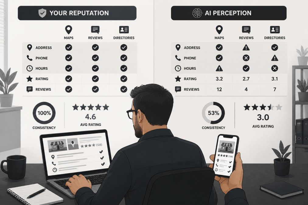 Diagram comparing business data consistency for a small business AI search strategy across platforms.