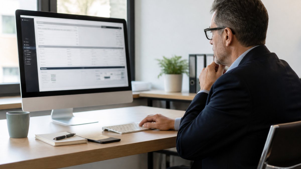 Professional MLS executive reviewing analytics dashboard on desktop monitor in modern office, analyzing visibility metrics and competitor data with natural lighting