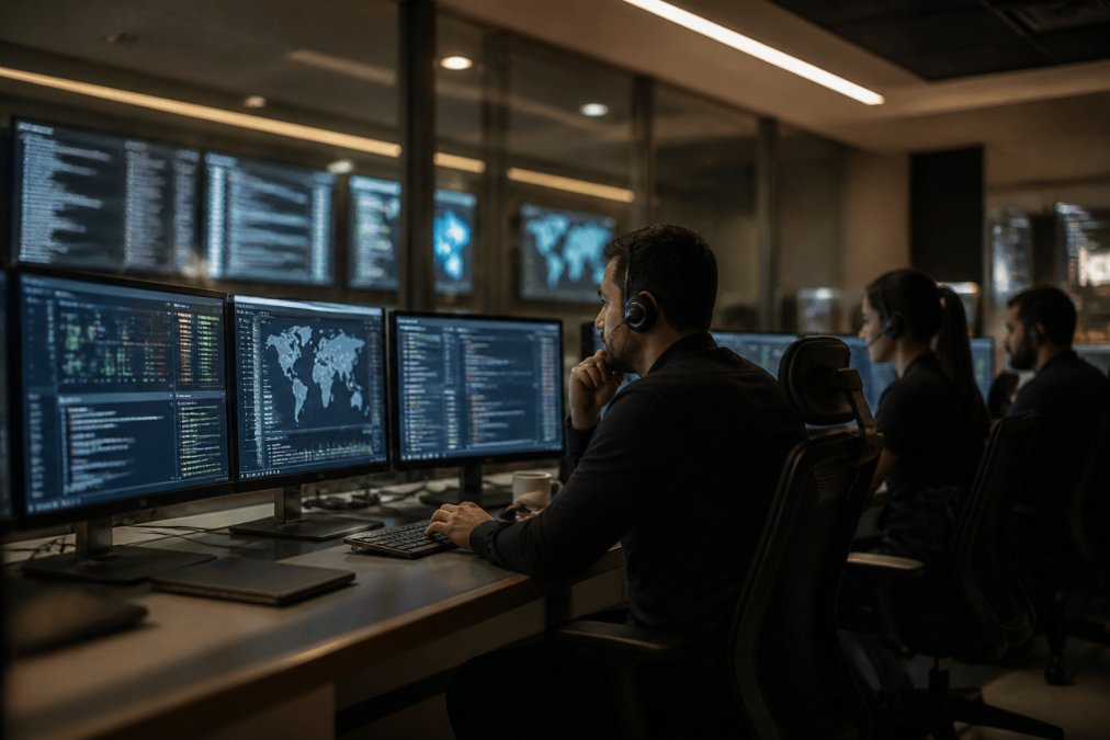A security operations center with analysts monitoring multiple screens displaying network traffic and AI behavior dashboards in a dimly lit room