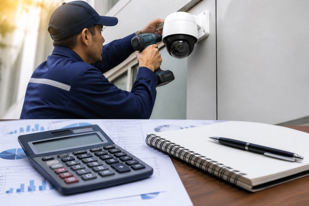 A security technician in a professional uniform mounting an AI security camera on a commercial building exterior, using a power drill while a clear view of the camera's modern lens assembly is visible