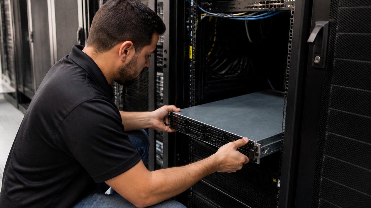 Security professional installing server equipment in a climate-controlled server room with multiple rack-mounted systems and network cables visible
