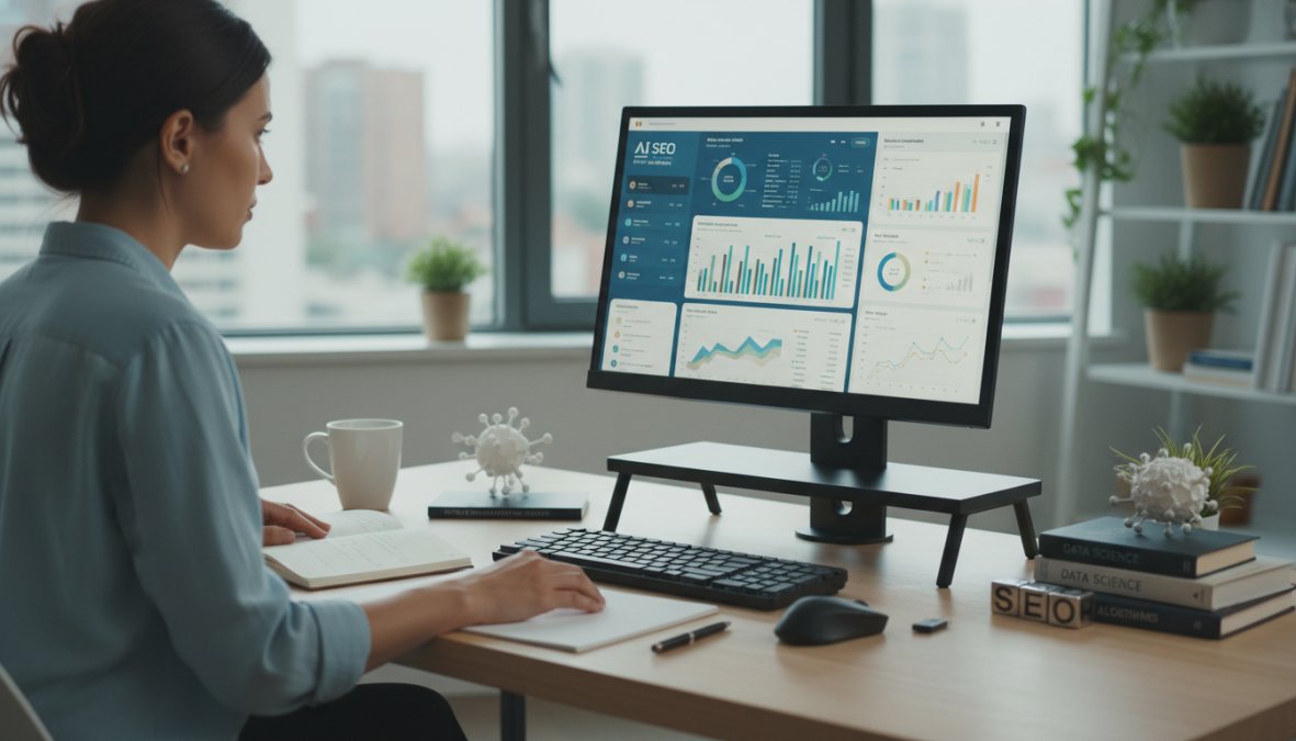 A founder sitting at a clean modern desk, focused on a laptop displaying analytics dashboards with organic traffic graphs, a notebook and coffee cup nearby, bright natural light from a window to the left