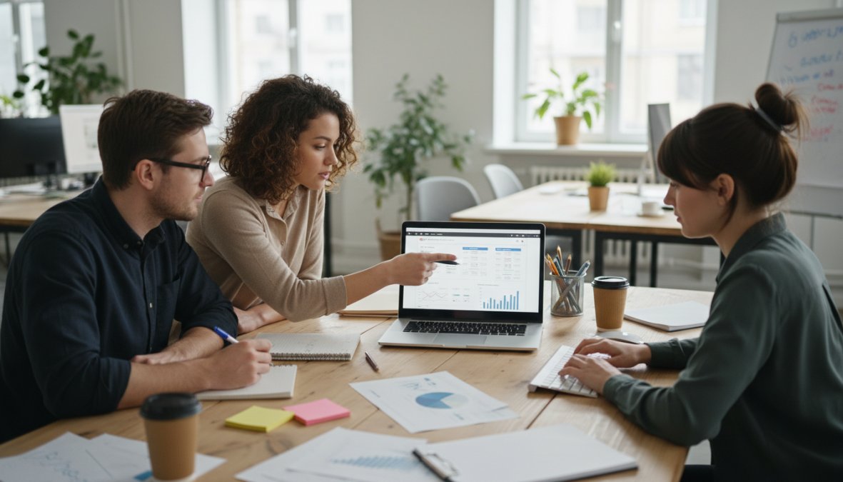A small marketing team of three people gathered around a laptop at a shared desk, one person pointing at an SEO report on screen while the others take notes, in a bright open-plan office with natural light