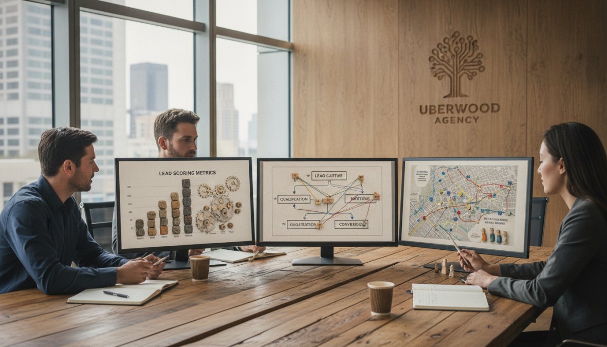 Analytics dashboard showing business and team and reviewing concepts for AI solutions for lead management