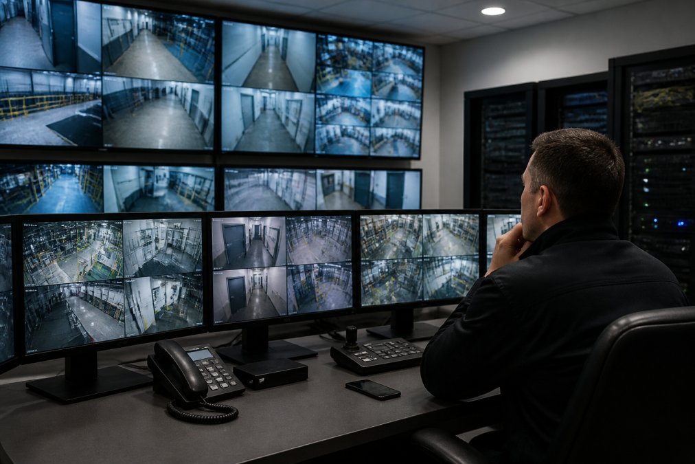 Facility manager reviewing multiple security camera feeds on a multi-monitor display system in a control room, with network equipment and monitors visible in the background