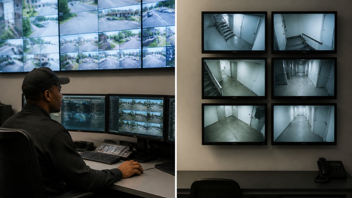 Security operations center with multiple monitors displaying live camera feeds and AI-generated alerts on screens, security officer reviewing data at workstation
