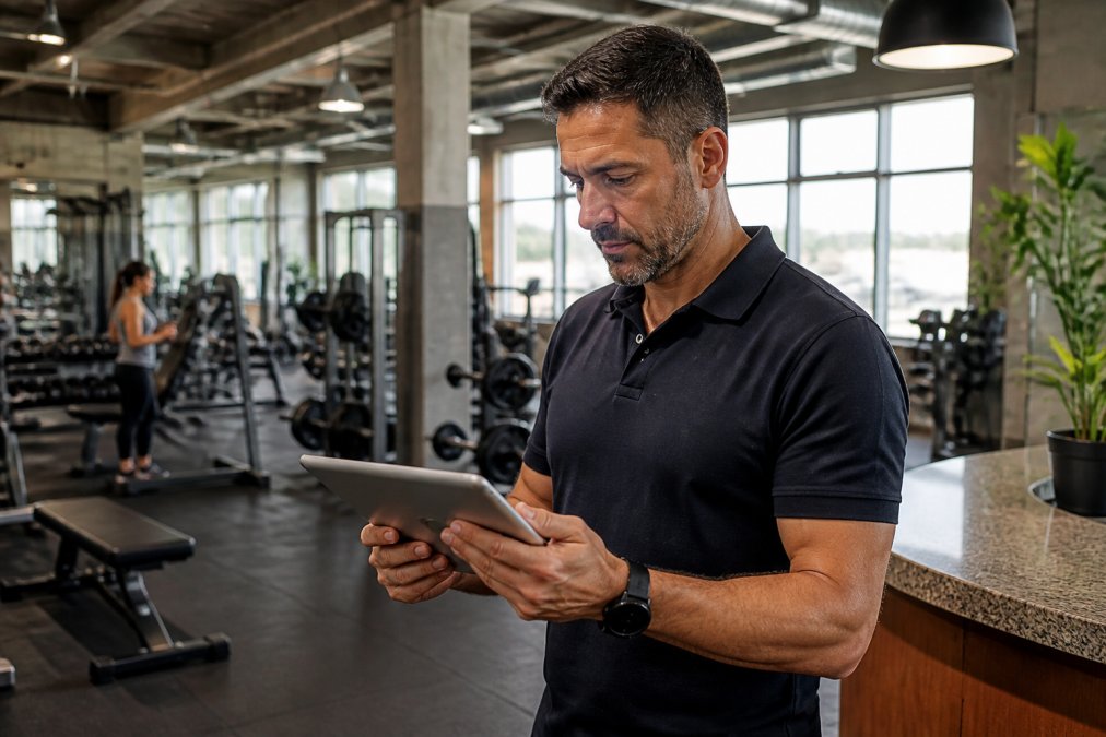 A gym owner in a polo shirt reviewing a tablet showing attendance metrics, standing near the front desk of a modern, mid-sized fitness center with equipment visible in the background and natural overhead lighting