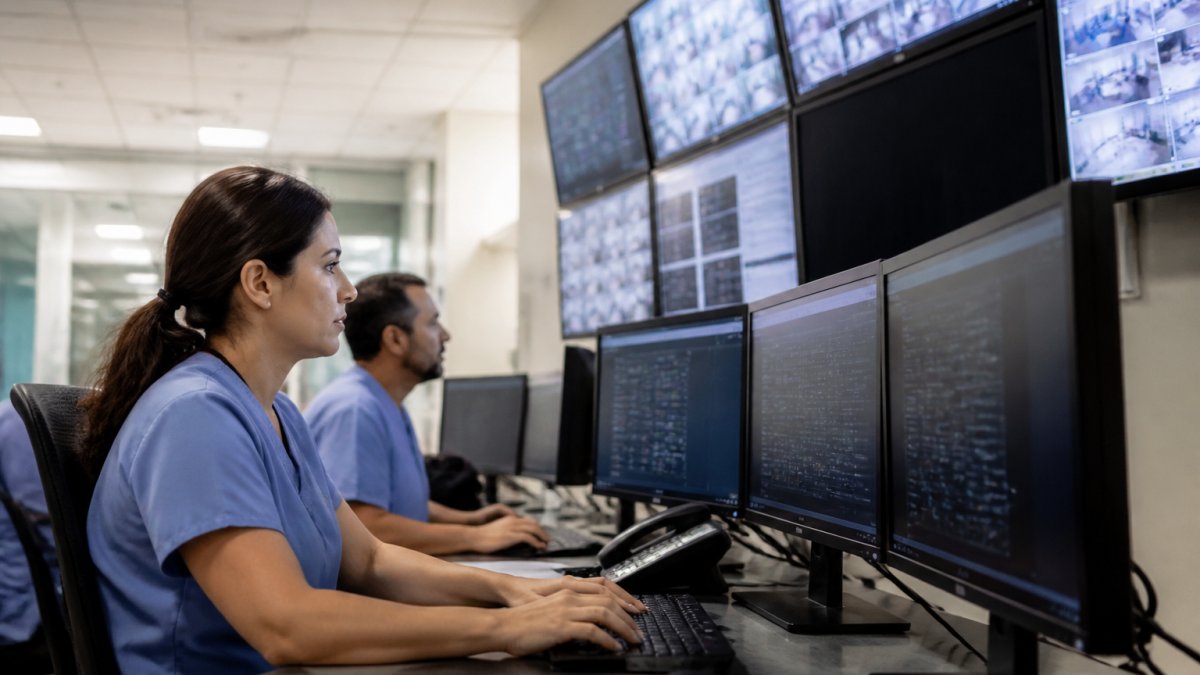 Healthcare IT team monitoring multiple security dashboards and network activity screens in a hospital command center with professional lighting and alert displays
