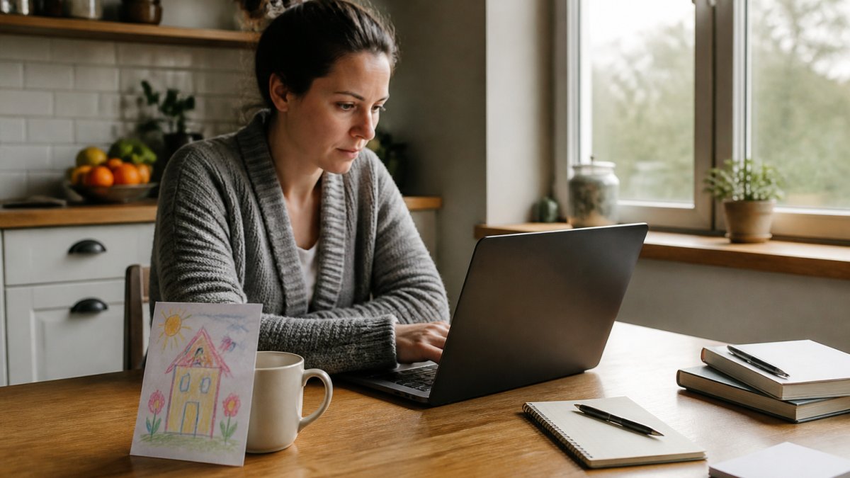 A parent working on a laptop at a kitchen table, a child's crayon drawing propped against a mug beside the keyboard, soft afternoon light through a window